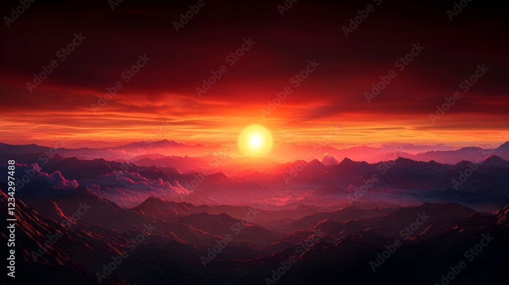 Fototapeta premium Fiery Red Sunset Over Mountains