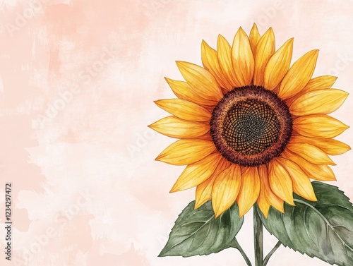 A vibrant sunflower with bright yellow petals and a large, brown center, set against a soft pink background.