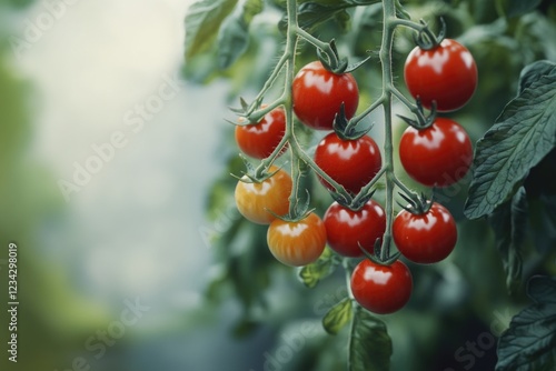 A natural still life image of a branch with cherry tomatoes hanging from it, ready to be picked photo