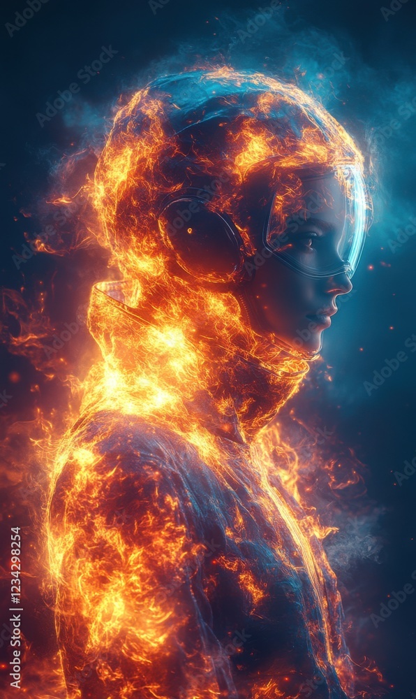 Cosmic astronaut engulfed in flames with glowing effects in dark space Cosmic astronaut engulfed in flames with glowing effects in dark space