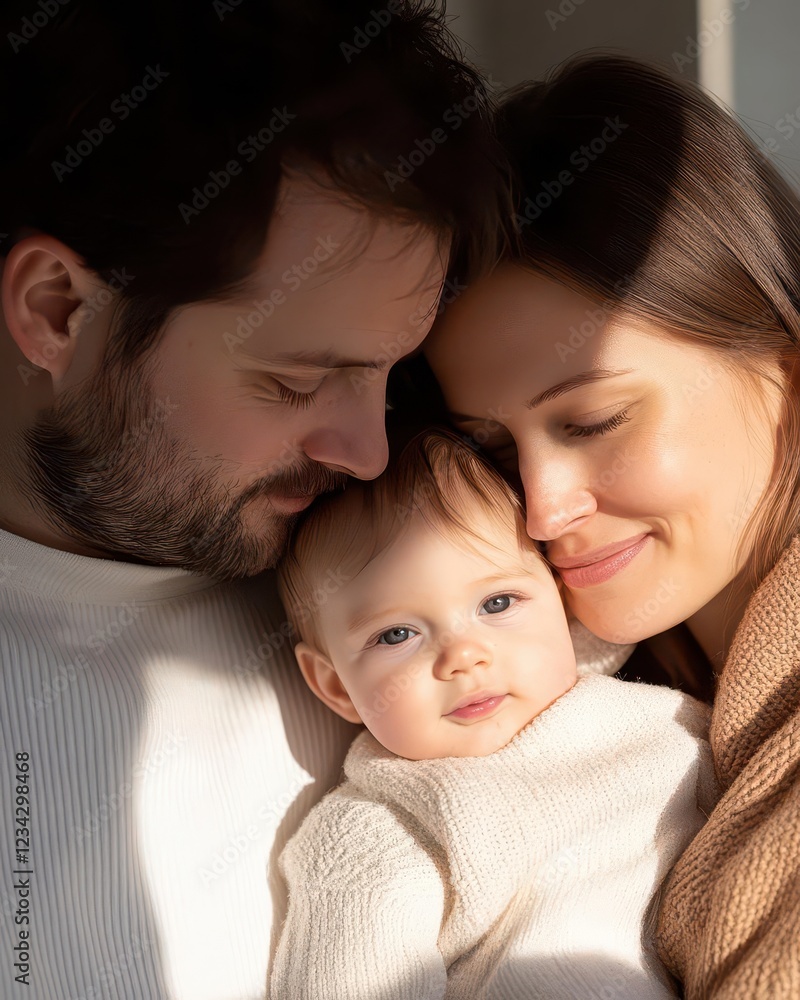 Young parents and toddler, candid moment of joy, studio-lit with warm shadows Young parents and toddler, candid moment of joy, studio-lit with warm shadows