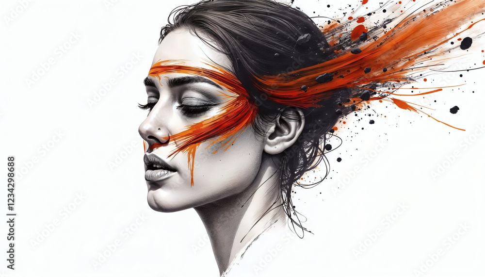 Naklejka premium Female portrait with black and orange paint strokes