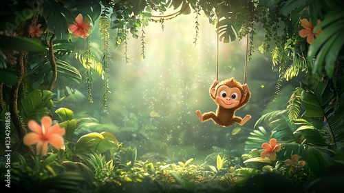 Happy Monkey Swinging In Lush Tropical Jungle photo