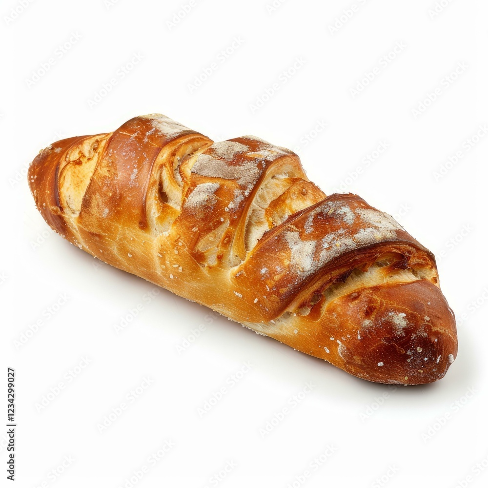 Freshly baked loaf of bread, featuring a golden brown crust and braided design, presented on a clean white backdrop Freshly baked loaf of bread, featuring a golden brown crust and braided design, presented on a clean white backdrop