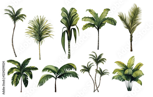 Collection of tropical palm tree illustrations on white background for decor and design
