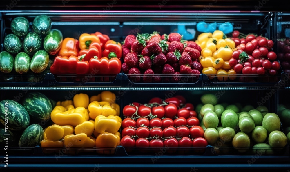 Colorful display of fresh fruits and vegetables in a grocery store Colorful display of fresh fruits and vegetables in a grocery store