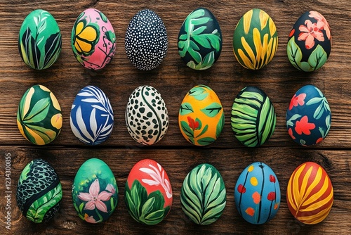 Nature inspired easter eggs with vibrant floral and leaf patterns. Happy Easter concept photo