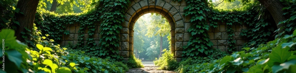 Fototapeta premium Overgrown vines covering an ancient stone gate, gate, ruined, mystic