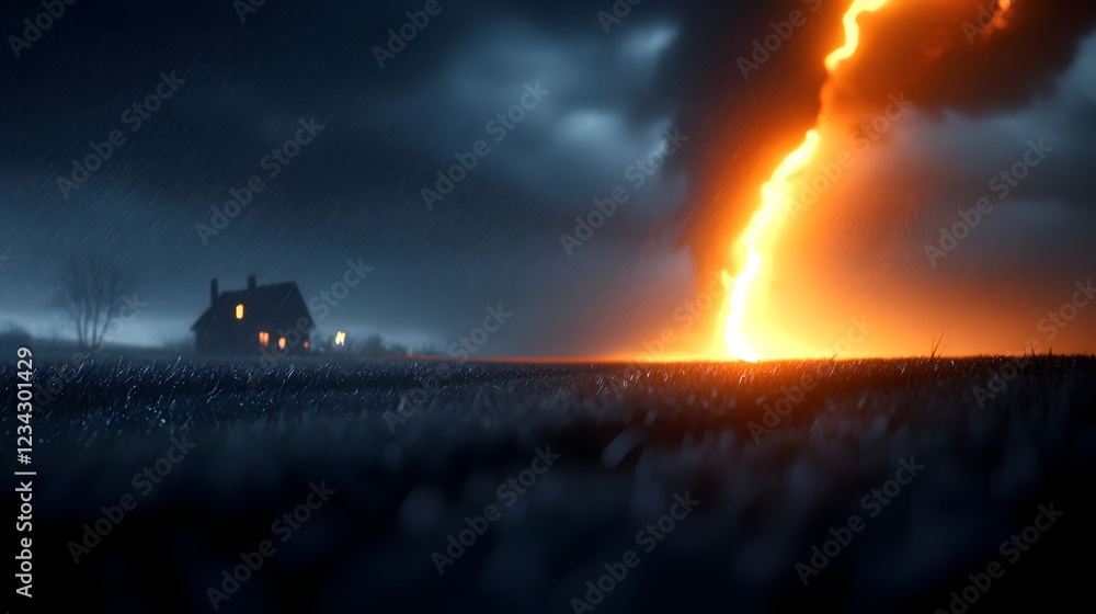 Fototapeta premium Fiery Storm Engulfs Rural House at Night