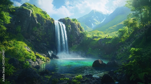 Majestic Waterfall in Mountain Valley, Scenic Nature Background