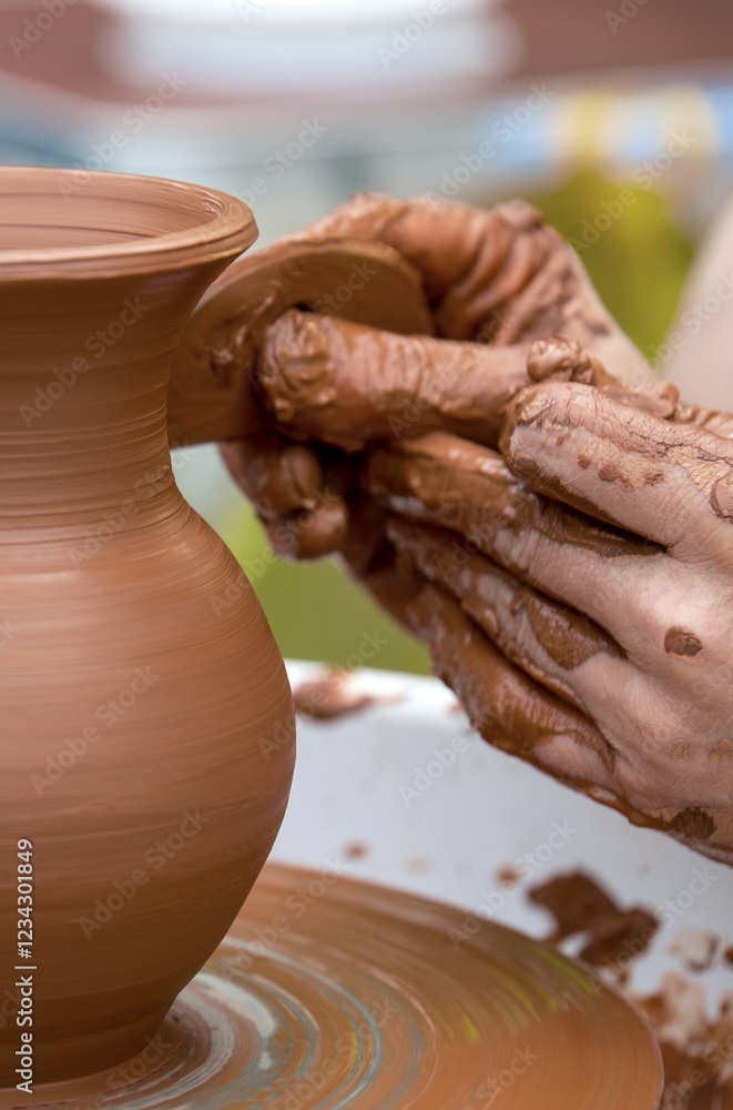 Person is making a pottery piece, and the pot is brown Person is making a pottery piece, and the pot is brown