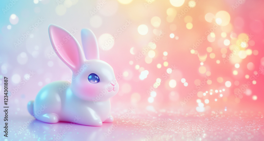 Obraz premium Cute bunny figurine in pastel bokeh background design for spring decor. Happy Easter concept
