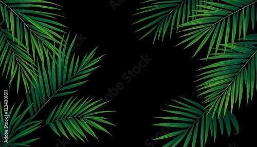 Tropical Green Palm Leaves  on Black Background