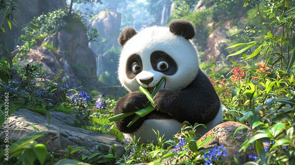 Adorable Panda Cub Enjoying Bamboo in Lush Forest Adorable Panda Cub Enjoying Bamboo in Lush Forest