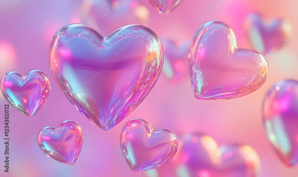 Obraz premium hearts on holographic on pink background, Generative AI