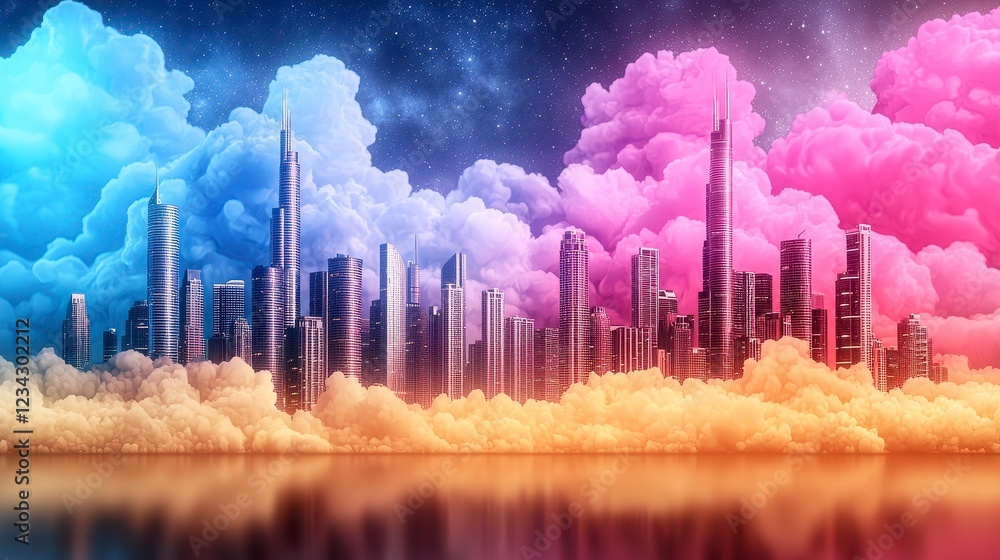 Fototapeta premium Night Cityscape in Colorful Clouds and Stars Digital Pixel Art