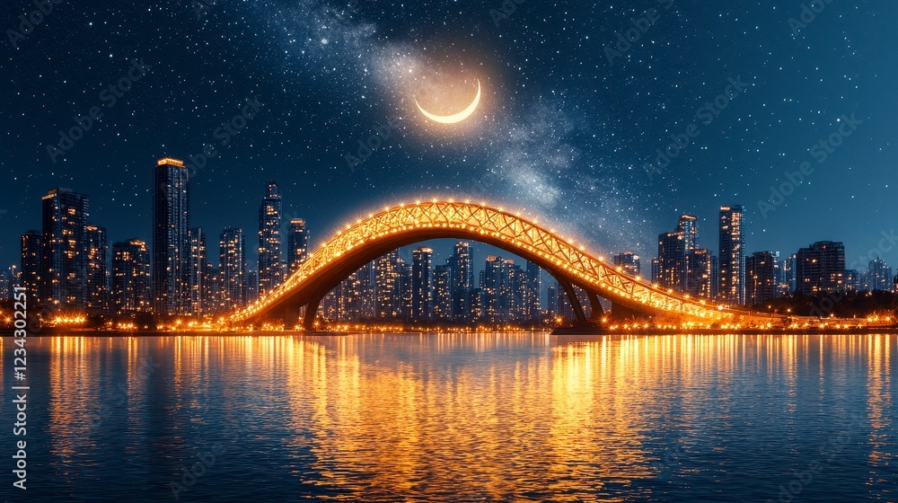 Obraz premium Night Cityscape With Illuminated Arch Bridge And Crescent Moon