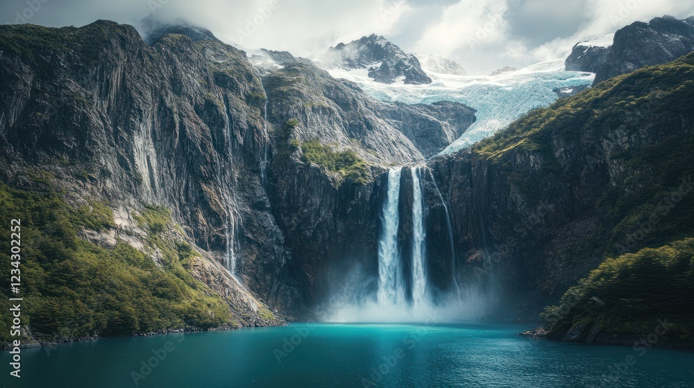 Fototapeta premium Majestic glacier waterfall cascading into turquoise lake, mountains backdrop, Patagonia nature scene