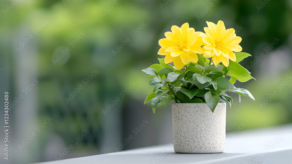 Fototapeta premium Yellow flowers in pot, balcony, garden background, home decor