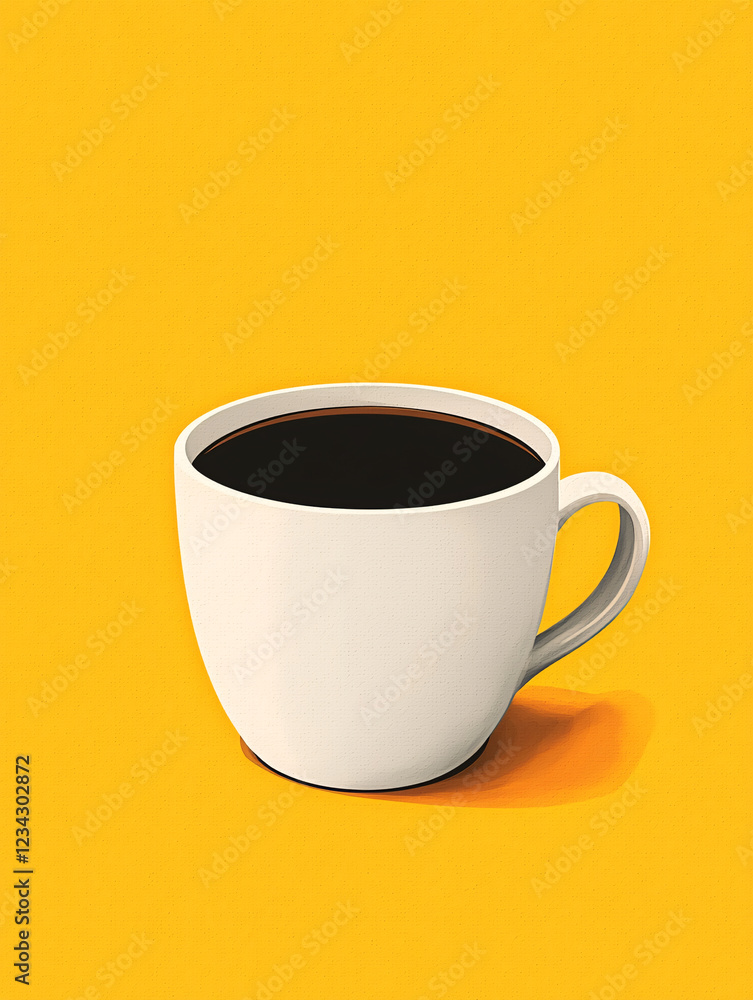 A minimalist coffee cup filled with black coffee against a vibrant yellow background A minimalist coffee cup filled with black coffee against a vibrant yellow background
