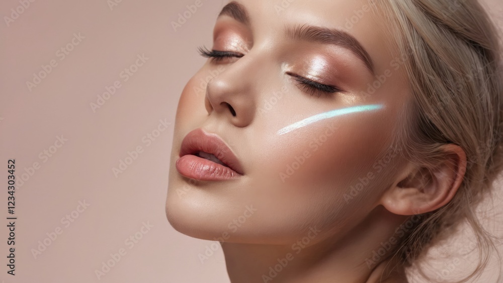 Close-up of a woman's face with subtle makeup and a unique light design accentuating her cheekbone. Soft lighting and a serene expression. Close-up of a woman's face with subtle makeup and a unique light design accentuating her cheekbone. Soft lighting and a serene expression.