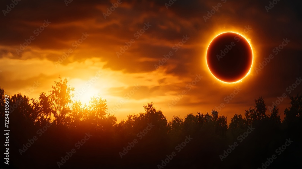 Obraz premium Fiery Sunset Eclipse Over Silhouetted Trees