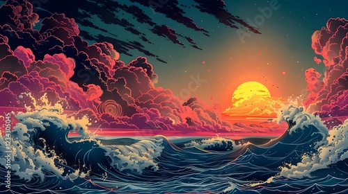 Dramatic Oceanic Sunset in Comic Book Style