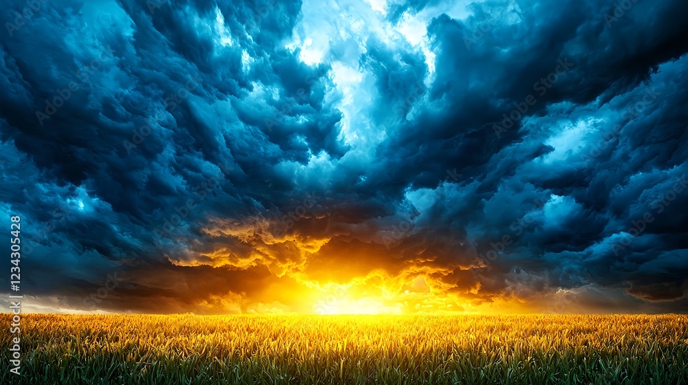 Fiery Sunset Over a Golden Field Under a Dramatic Stormy Fiery Sunset Over a Golden Field Under a Dramatic Stormy