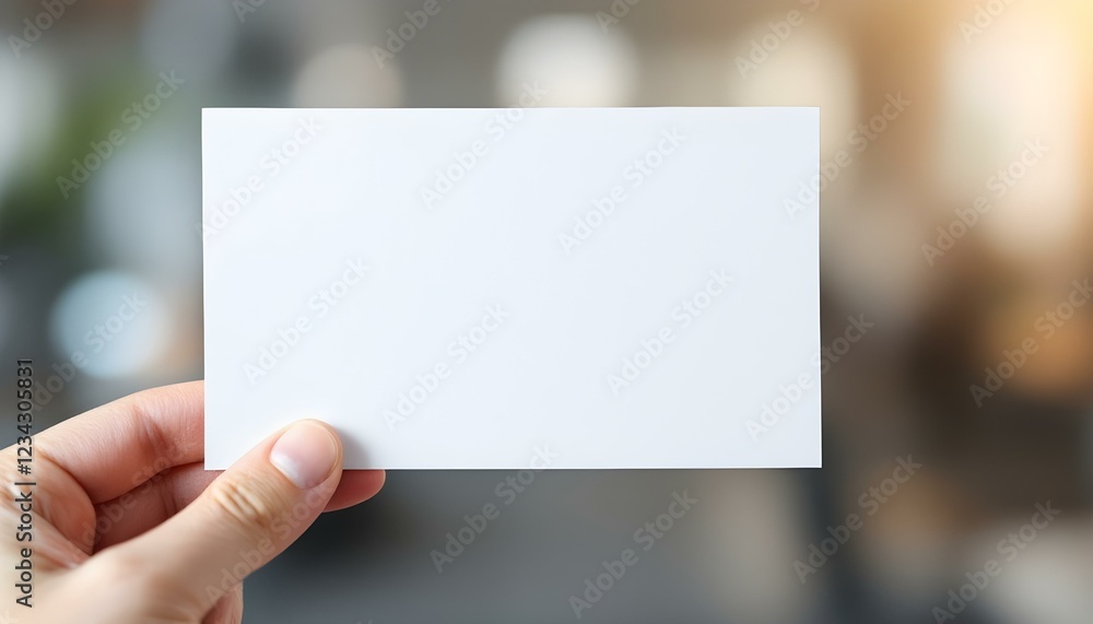 A hand holding a blank white card, close-up focus, with a blurred professional background, creating a clean and minimalistic look. A hand holding a blank white card, close-up focus, with a blurred professional background, creating a clean and minimalistic look.