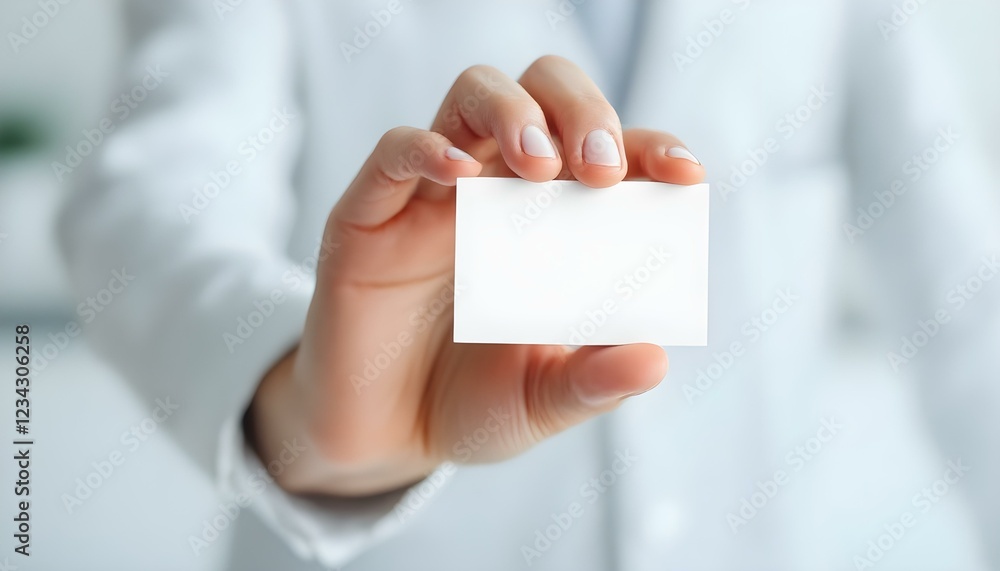 A hand holding a blank white card, close-up focus, with a blurred professional background, creating a clean and minimalistic look. A hand holding a blank white card, close-up focus, with a blurred professional background, creating a clean and minimalistic look.