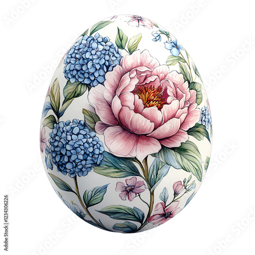 Beautiful floral patterned egg with vibrant peony and hydrangea. photo