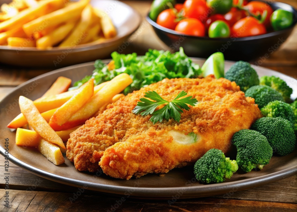 Golden-fried chicken cutlet, crispy fries, and vibrant veggies – a delicious meal! Golden-fried chicken cutlet, crispy fries, and vibrant veggies – a delicious meal!