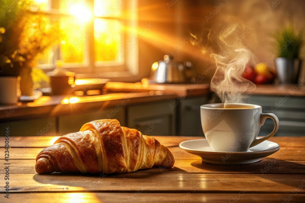 Golden hour illuminates a croissant and coffee, a sunlit kitchen table's still life. Golden hour illuminates a croissant and coffee, a sunlit kitchen table's still life.