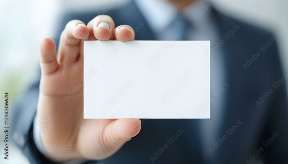 A hand holding a blank white card, close-up focus, with a blurred professional background, creating a clean and minimalistic look. A hand holding a blank white card, close-up focus, with a blurred professional background, creating a clean and minimalistic look.