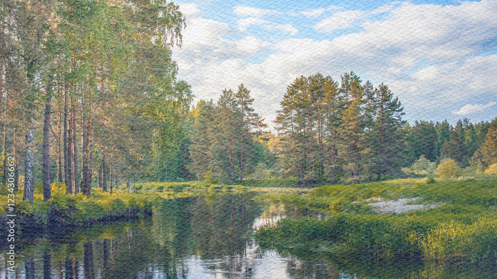Fototapeta premium Painting of a forest with a river running through it
