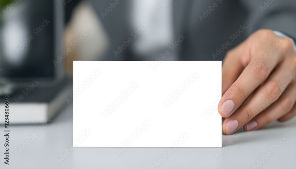 Obraz premium A hand holding a blank white card, close-up focus, with a blurred professional background, creating a clean and minimalistic look.