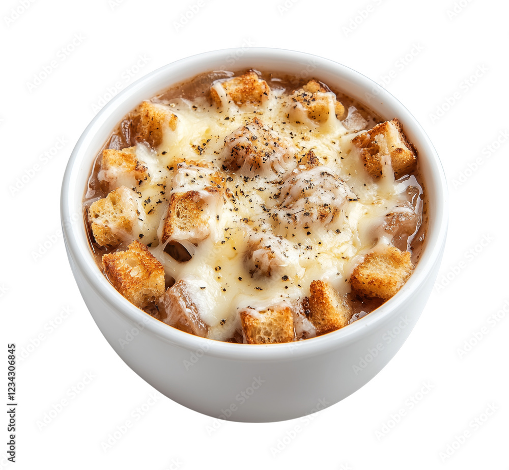 classic french onion soup with melted cheese, isolated on transparent background classic french onion soup with melted cheese, isolated on transparent background