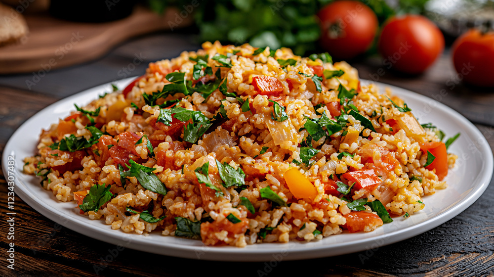 Vibrant plate of bulgur wheat salad with fresh vegetables and herbs on a rustic wooden table Vibrant plate of bulgur wheat salad with fresh vegetables and herbs on a rustic wooden table