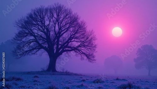 Winter tree aglow with dark purple mist frosty morning, bare branches, spooky,
