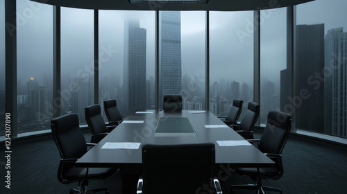 modern conference room with large table and black chairs, overlooking foggy city skyline. atmosphere is professional and somber, ideal for business meetings