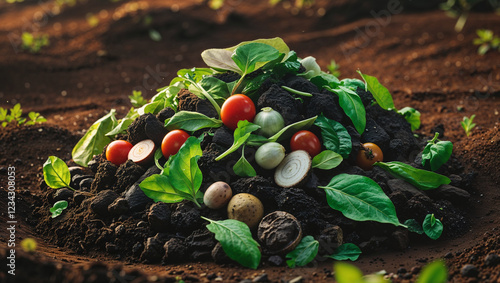 A pile of decomposing food scraps with sprouting plants, demonstrating the natural cycle of composting, food waste reduction, and sustainability for healthier soil and environmental balance photo