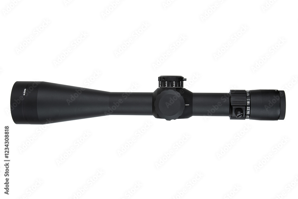 A high-quality rifle scope with adjustment knobs, a sleek black finish, and a clear lens, ideal for precision shooting and hunting. A high-quality rifle scope with adjustment knobs, a sleek black finish, and a clear lens, ideal for precision shooting and hunting.