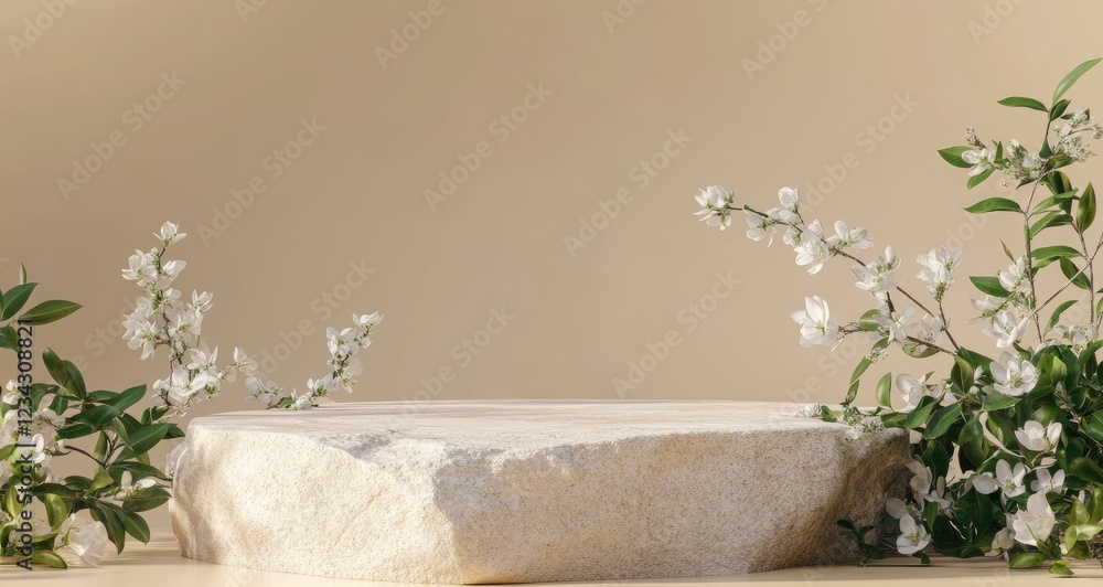 Minimal abstract background for product presentation, round stone podium with flowers and greenery on a beige backdrop. Mock-up for cosmetic products, branding, social media banner template Minimal abstract background for product presentation, round stone podium with flowers and greenery on a beige backdrop. Mock-up for cosmetic products, branding, social media banner template