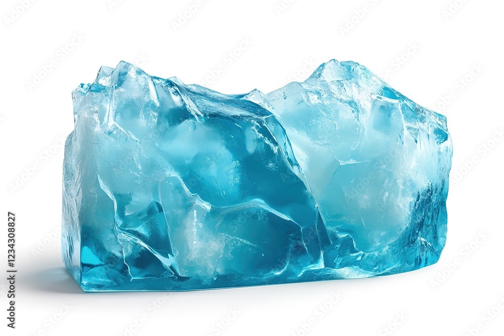 Fototapeta premium Crystal-Clear Light Blue Ice Cube: A pristine, realistic rendering of a single ice block, perfectly isolated on a stark white background. Ideal for refreshing beverage, cosmetic, or 
