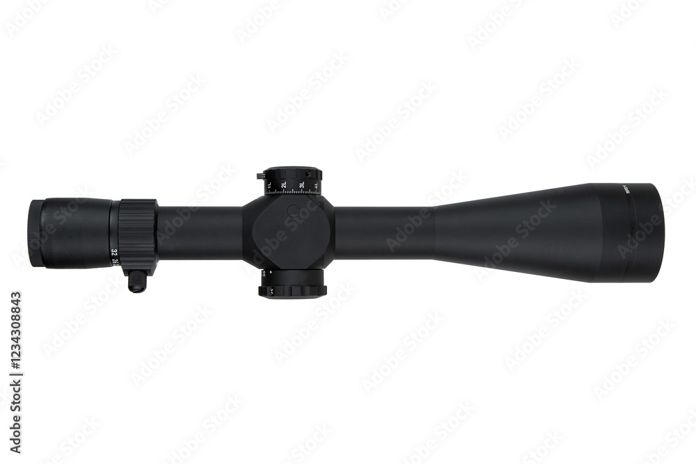 A high-quality rifle scope with adjustment knobs, a sleek black finish, and a clear lens, ideal for precision shooting and hunting. A high-quality rifle scope with adjustment knobs, a sleek black finish, and a clear lens, ideal for precision shooting and hunting.