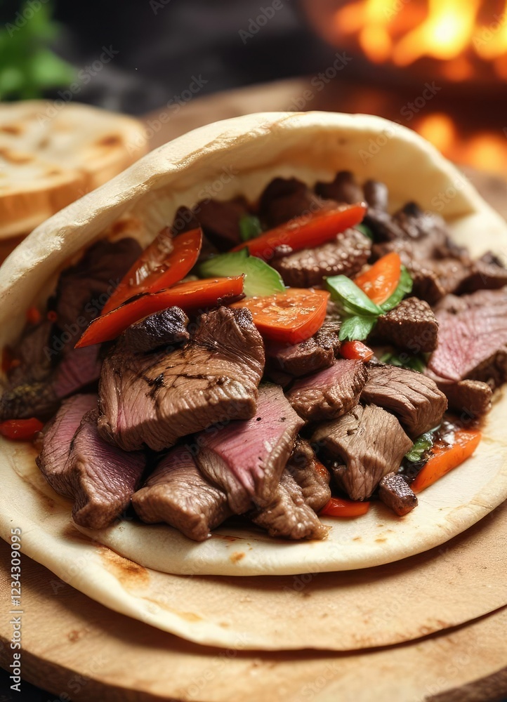 Sizzling beef steak inside a toasted pita bread, meaty, tender Sizzling beef steak inside a toasted pita bread, meaty, tender