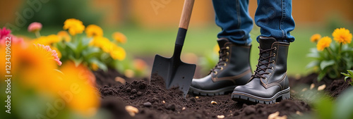 man digs soil spade colorful garden farms using boots loosen black dirt autumn harvest details every