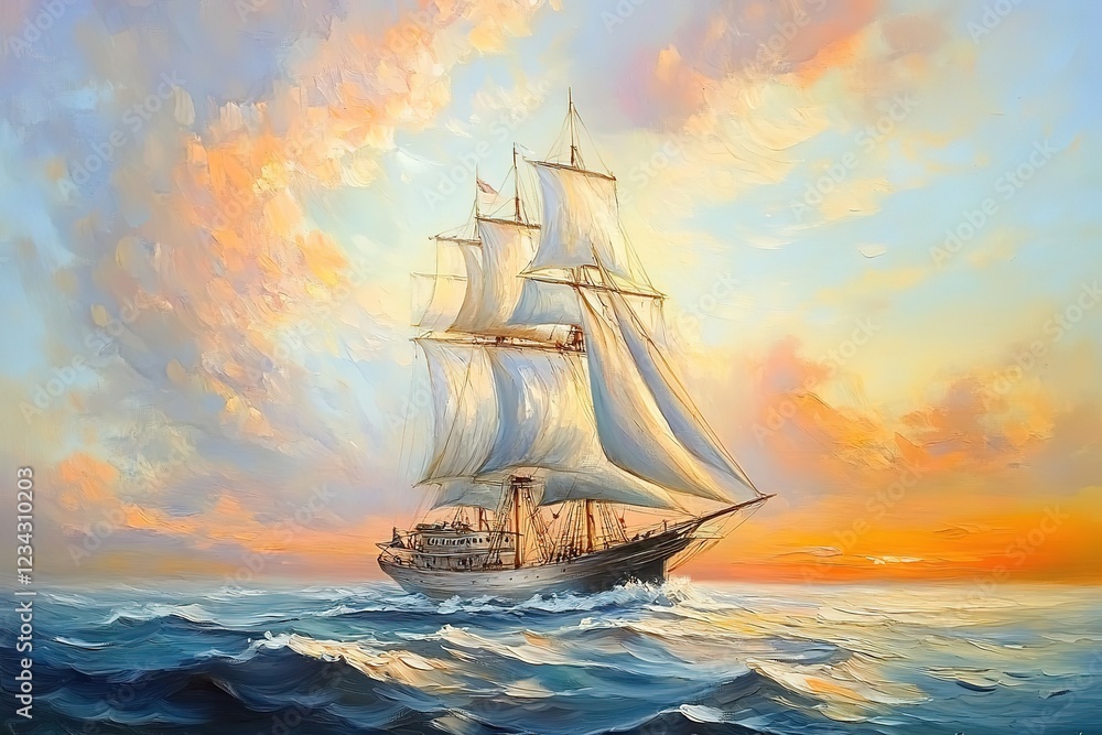 Obraz premium Serene Sunrise Sailboat: Pastel Oil Painting of a sailboat gracefully gliding across a calm sea at dawn, bathed in the soft, warm hues of a rising sun. Perfect for home decor, travel 