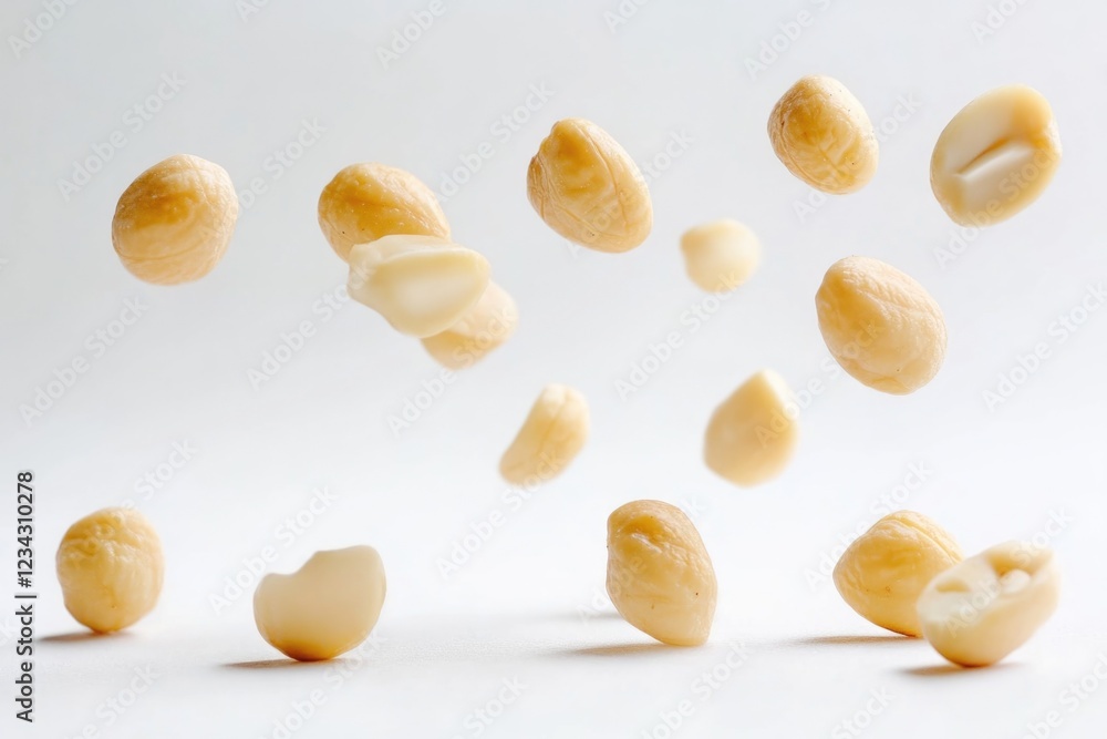 A bunch of peeled cashews suspended in mid-air, ready to fall or scattered on a surface A bunch of peeled cashews suspended in mid-air, ready to fall or scattered on a surface