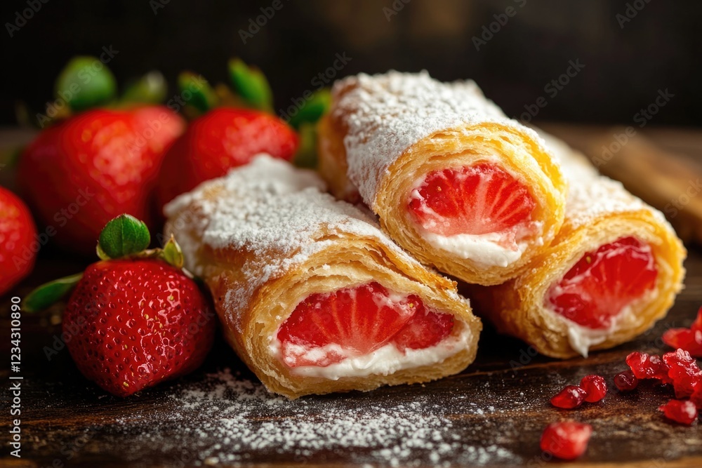 A close-up shot of a strawberry pastry with powdered sugar, perfect for food or dessert photography A close-up shot of a strawberry pastry with powdered sugar, perfect for food or dessert photography
